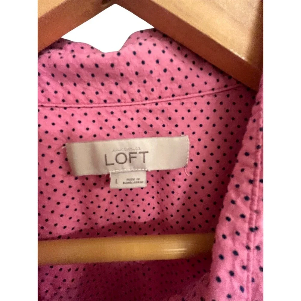 LOFT Ann Taylor Shirt Womens Size L Pink Polka Dot Button-Front Collared